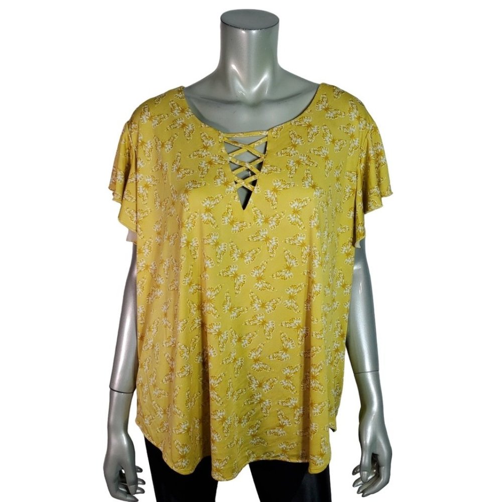 Milk & Honey Top Plus Size 3X Butterfly Print Stretch Short Sleeve Casual Yellow